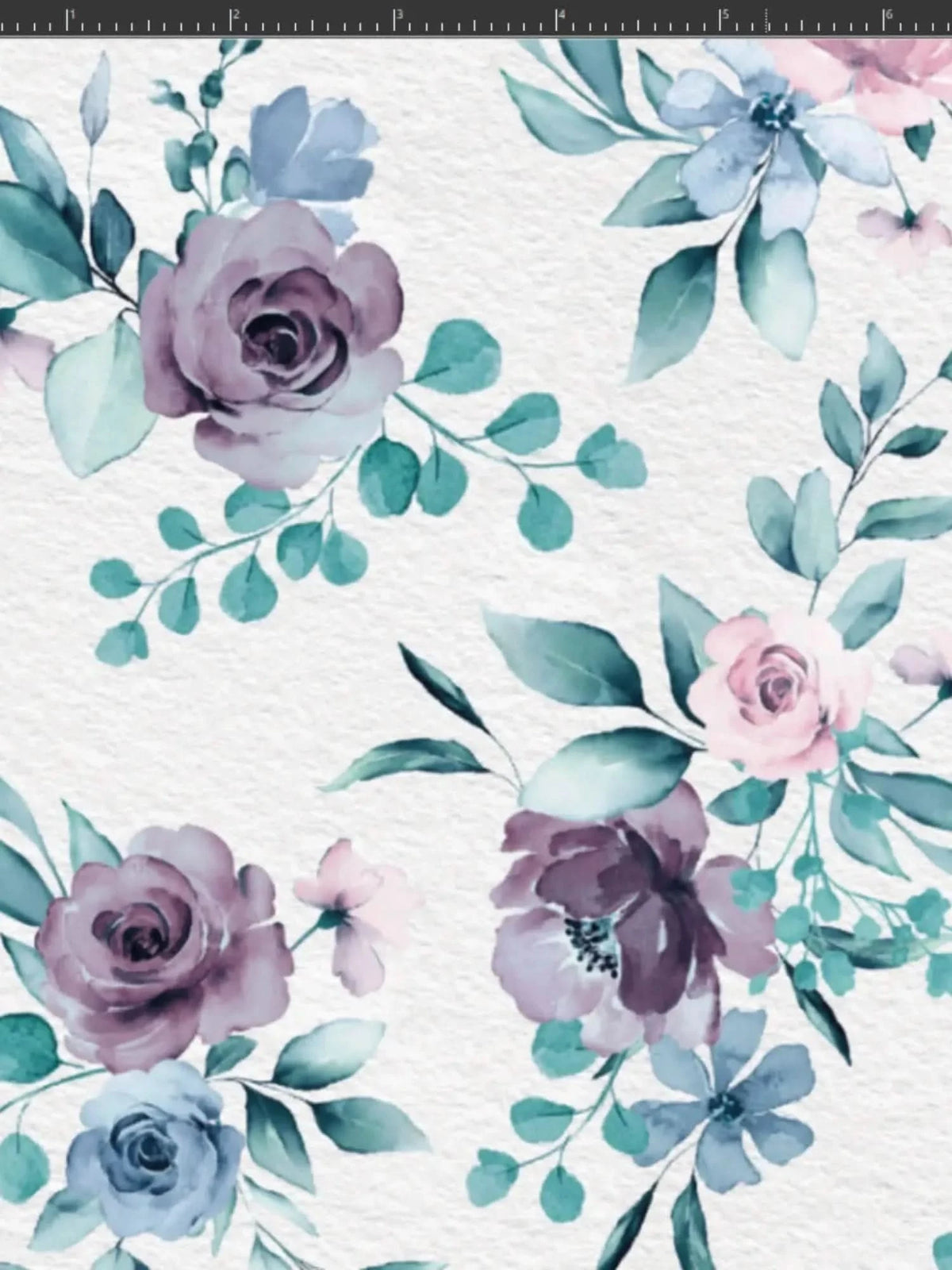 Blue watercolor floral print fabric with purple roses and green leaves on white background.