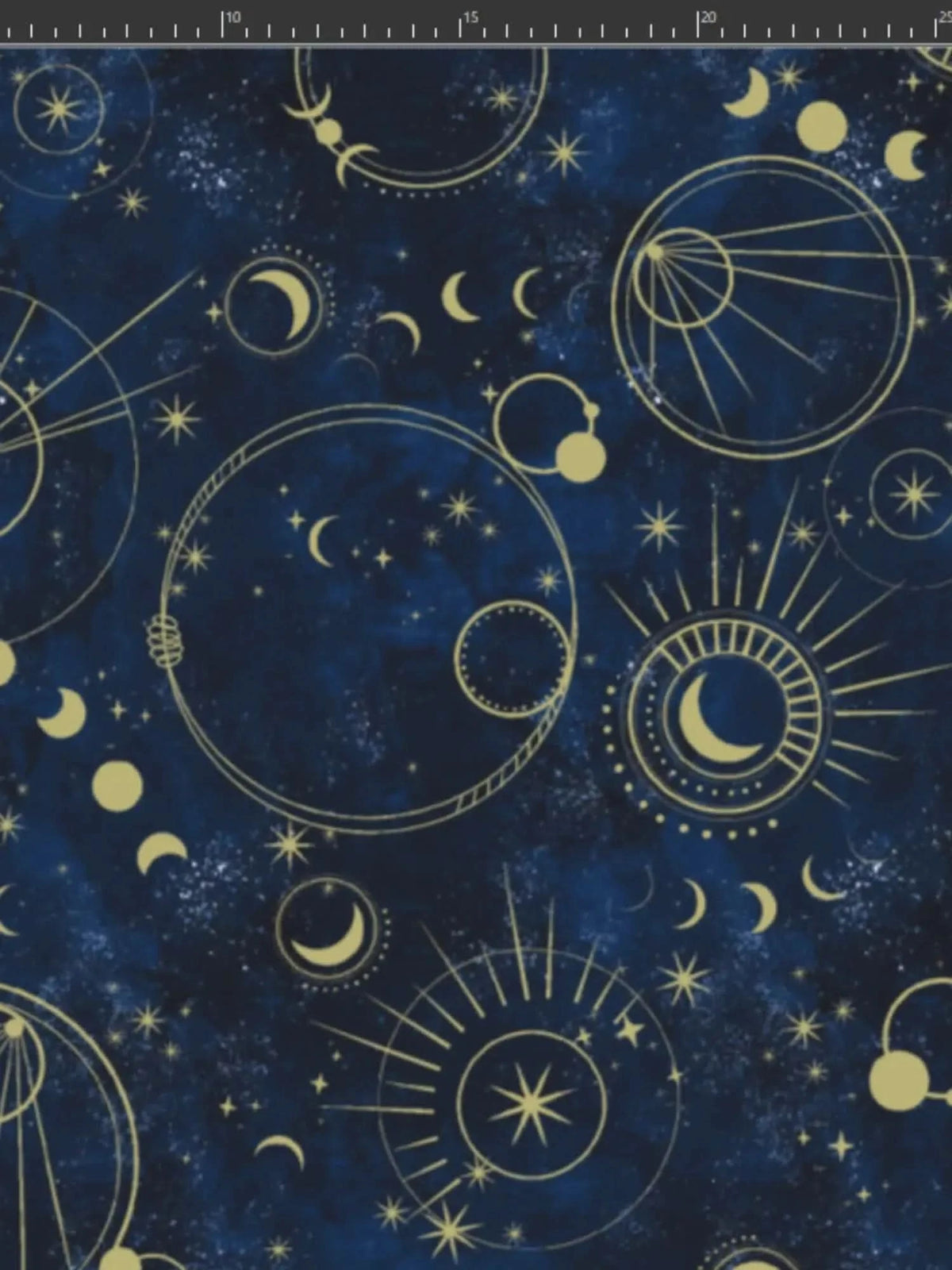 Navy fabric with gold celestial print of moons, stars, and cosmic circles.