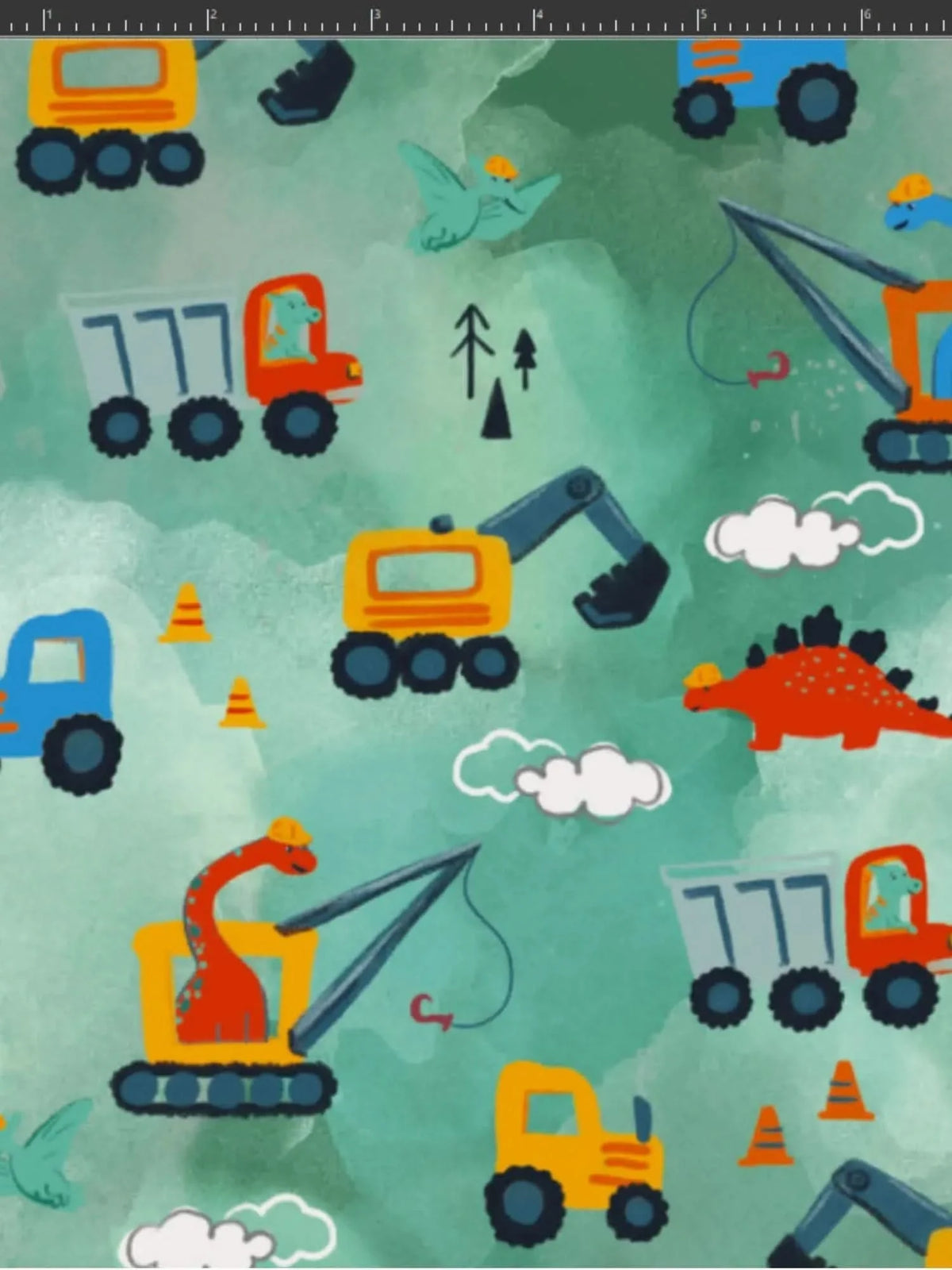 Green fabric with a playful print of construction vehicles and dinosaurs.