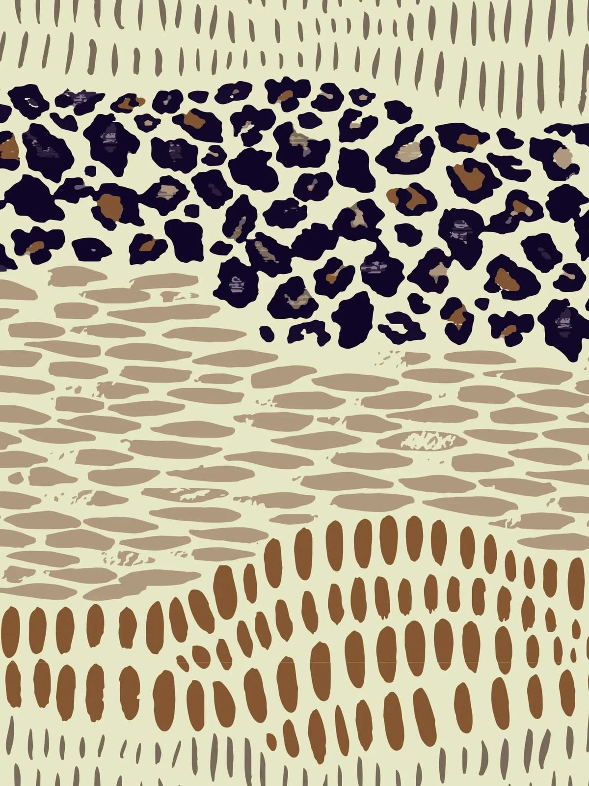 Neutral animal print fabric with beige and brown leopard spots and stripes.