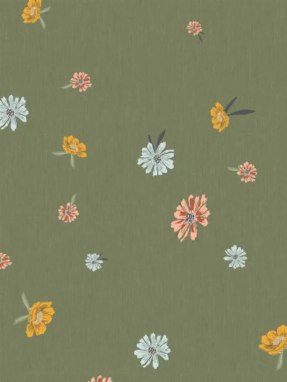 Olive green ditsy floral fabric with small bitty blooms in yellow, pink, and white.