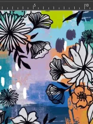 Blue graffiti floral print fabric with abstract white flowers on a multicolored background.