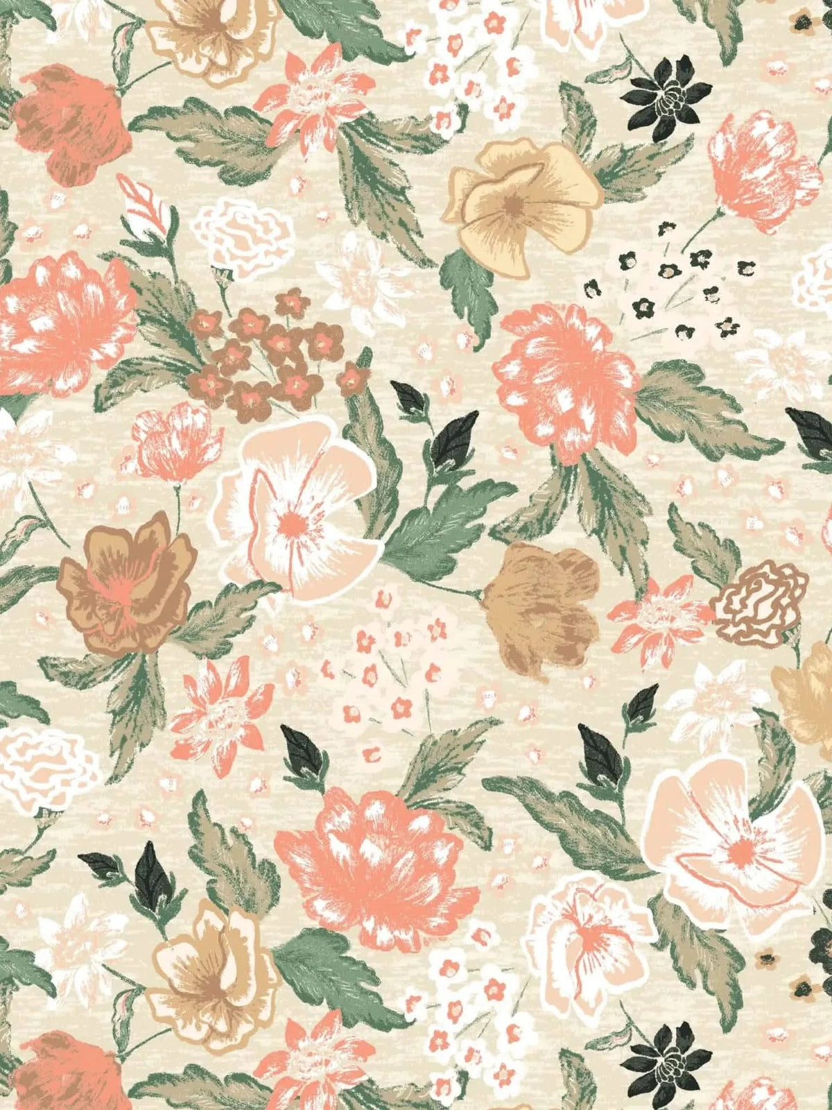 Fabric print with blush, brown, and green floral patterns on a light background.