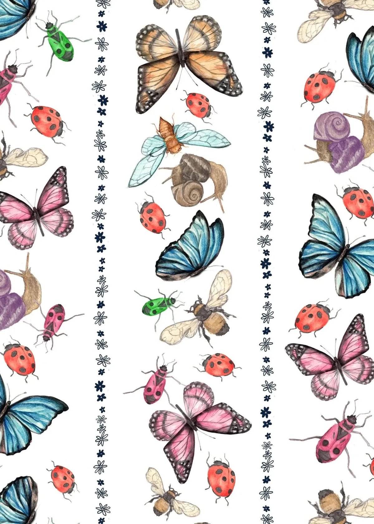 White fabric with vertical stripes of colorful insects, butterflies, and ladybugs.