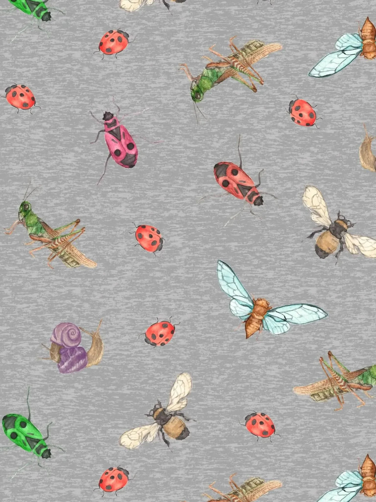 Gray canvas fabric with a scattered pattern of colorful insects and ladybugs.