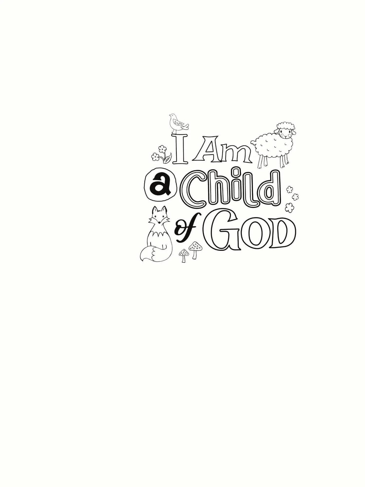 Line art fabric panel with "I Am a Child of God" text and woodland creatures for coloring.