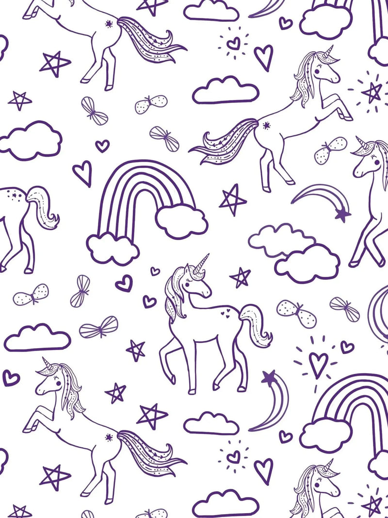 Color-your-own unicorn fabric panel with outline unicorns, stars, hearts, clouds, and rainbows.