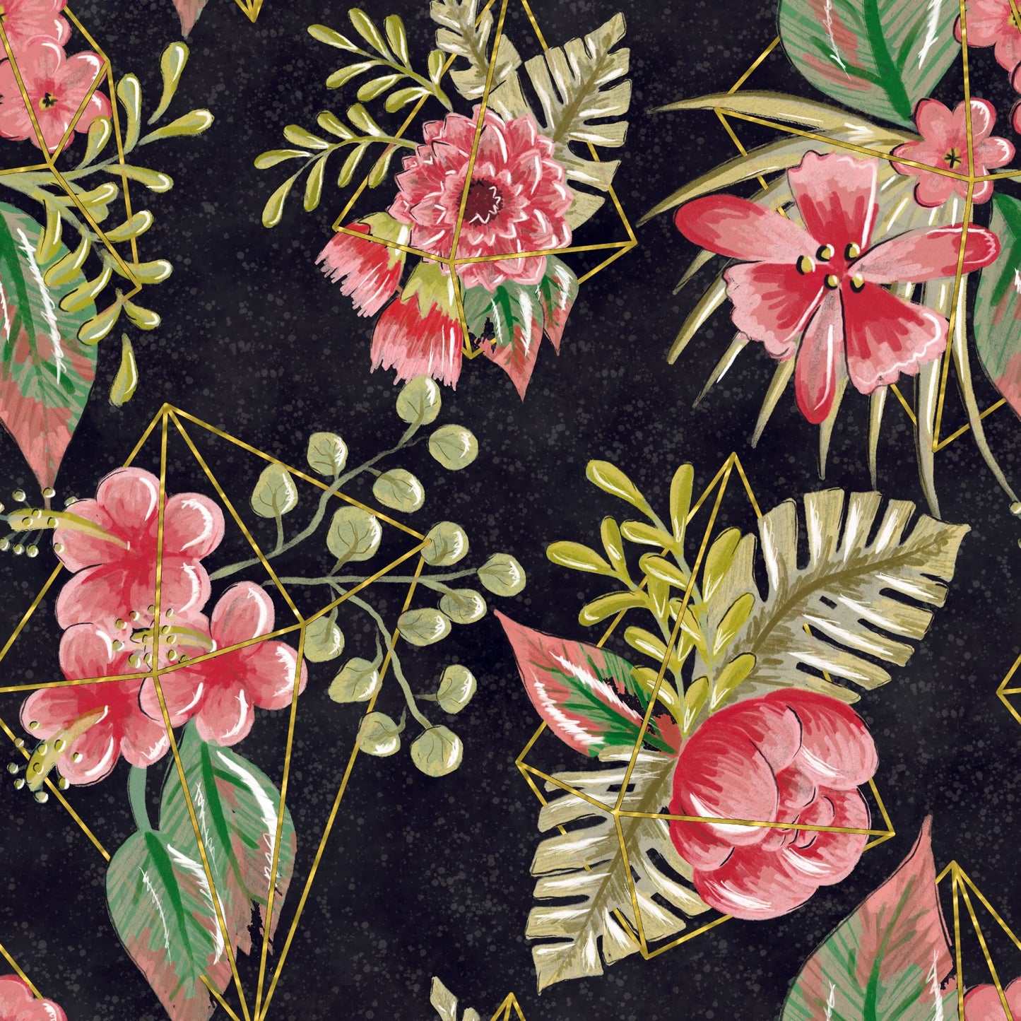 Pink tropical flowers with green leaves inside gold cages