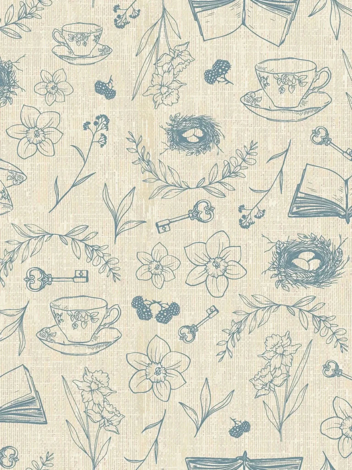 Blue floral toile fabric print featuring teacups, books, keys, nests, and berries.