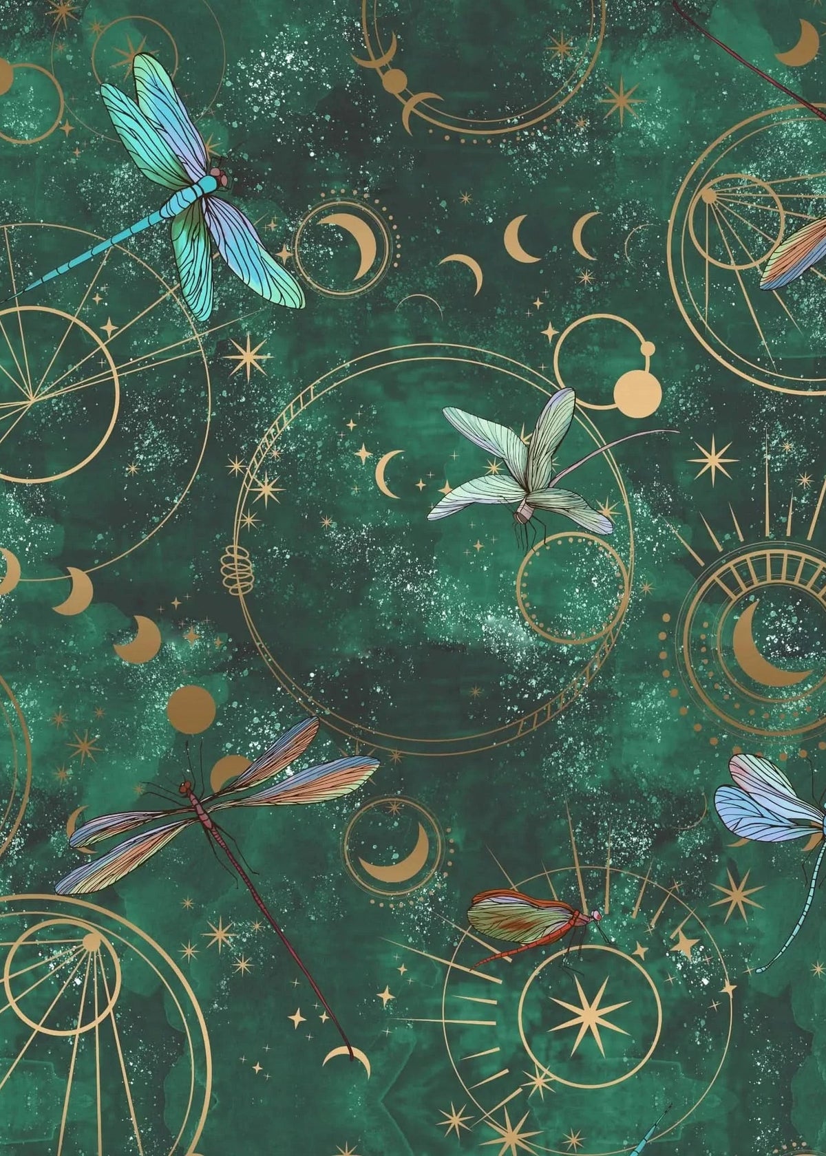 Green fabric print featuring celestial dragonflies, moons, and gold geometric motifs.