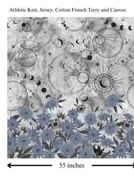 A fabric panel with celestial designs on a silver background and blue sunflowers at the bottom.
