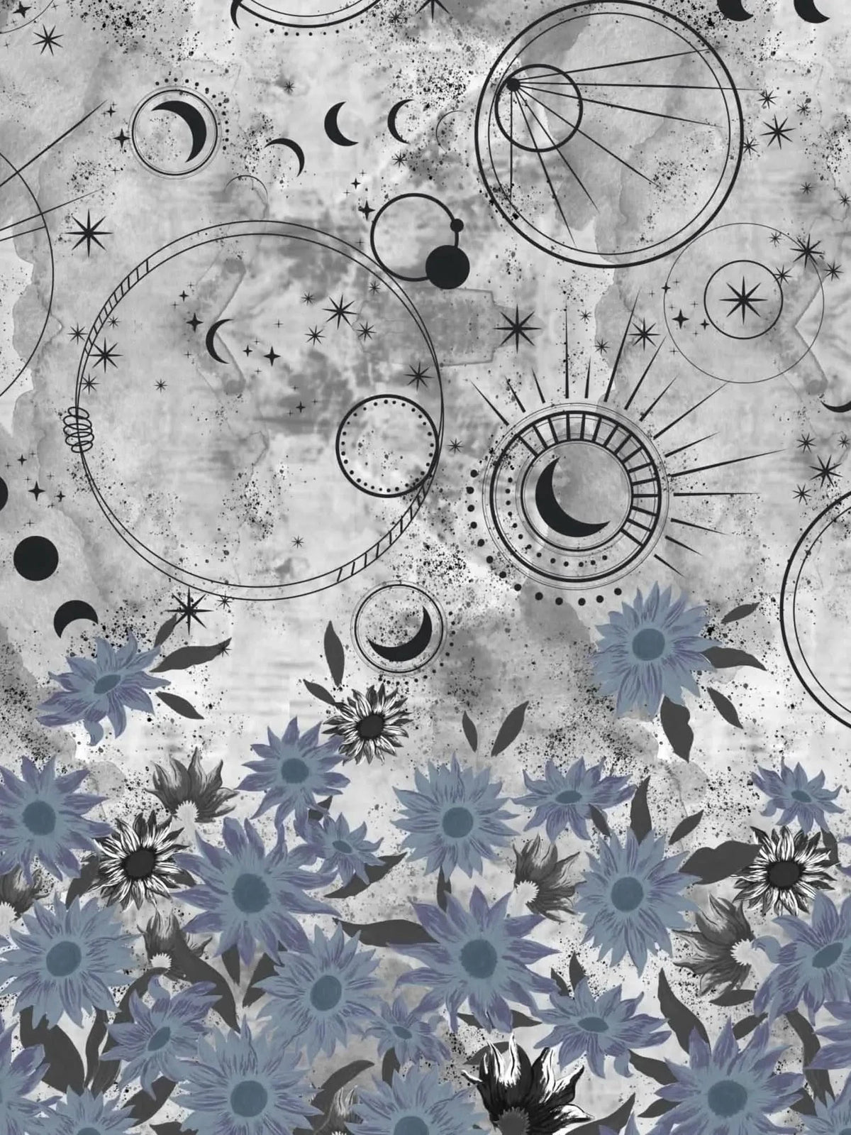 Silver fabric panel featuring celestial moons, suns, and blue sunflowers.