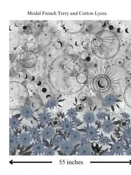 Silver fabric panel with celestial moons, suns, and blue sunflowers, 55 inches wide.