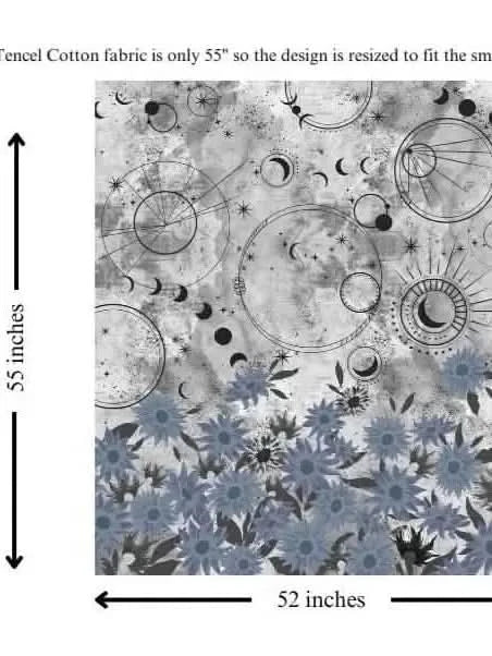 Celestial-themed fabric panel with blue sunflowers, measuring 55 by 52 inches.