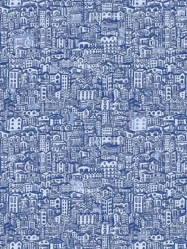 Blue fabric with a dense, hand-drawn cityscape pattern.
