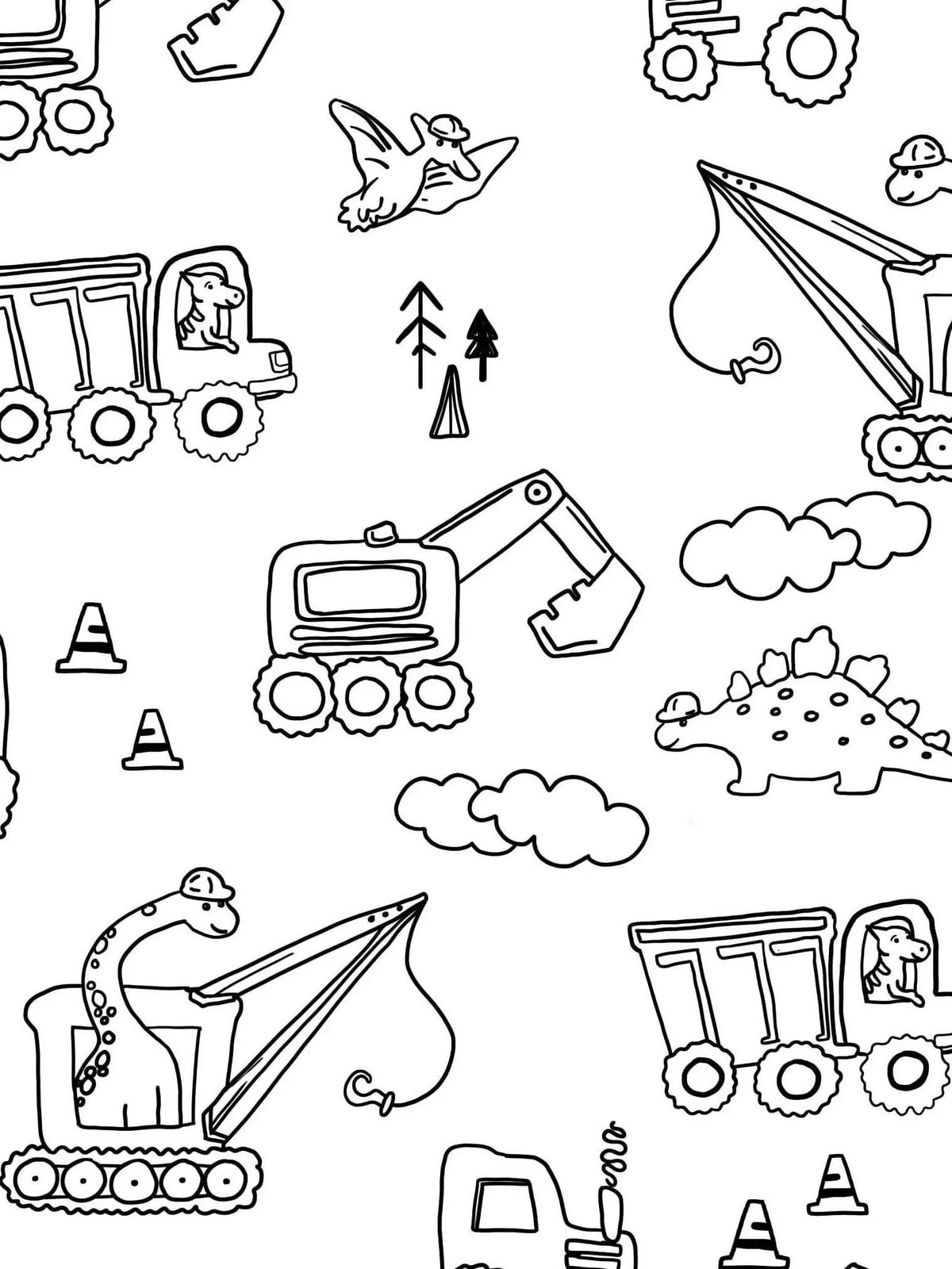 Black outline fabric with dinosaur and construction vehicle patterns for coloring.