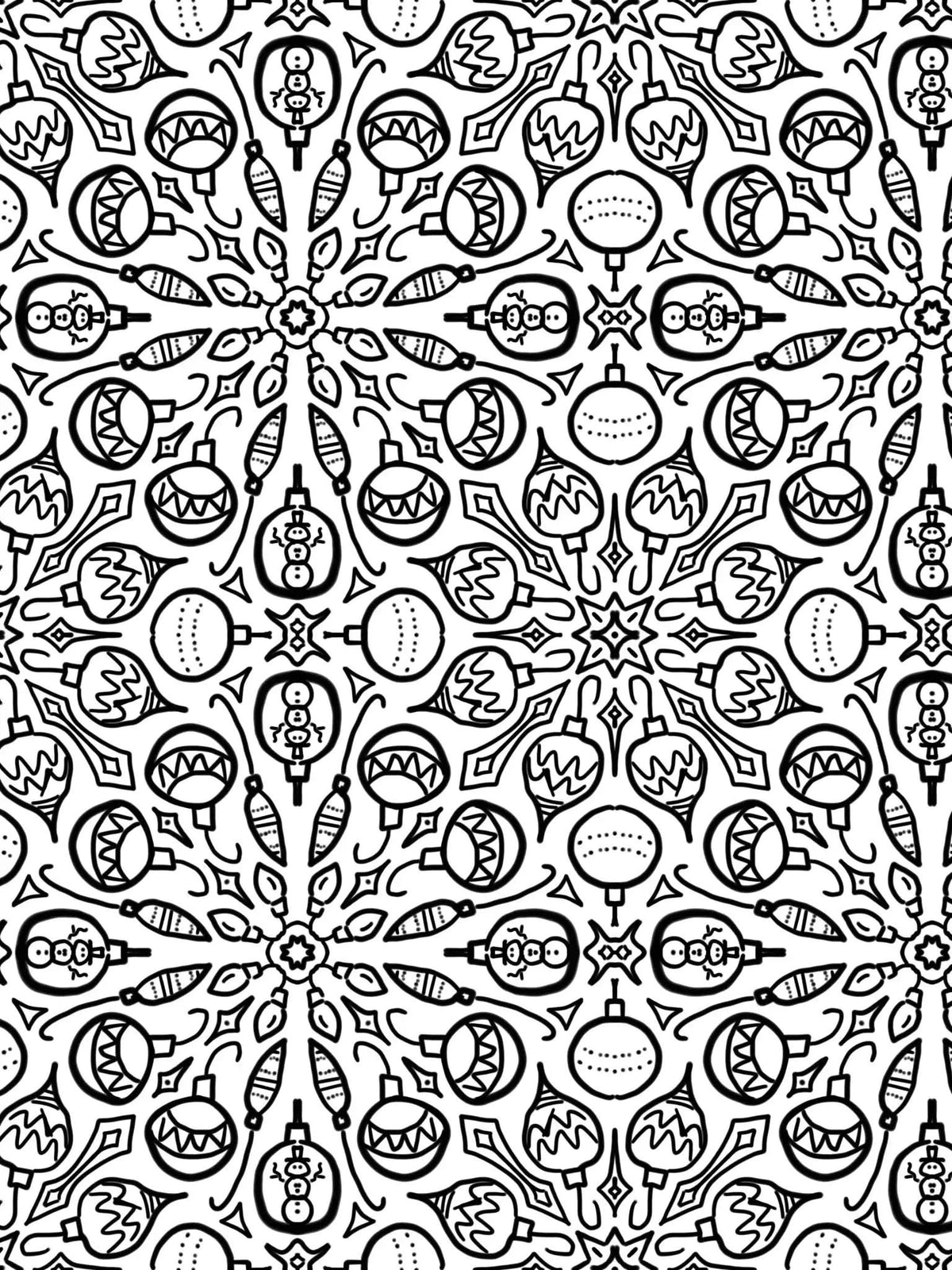 Black and white line art of Christmas sweater pattern on fabric for coloring.