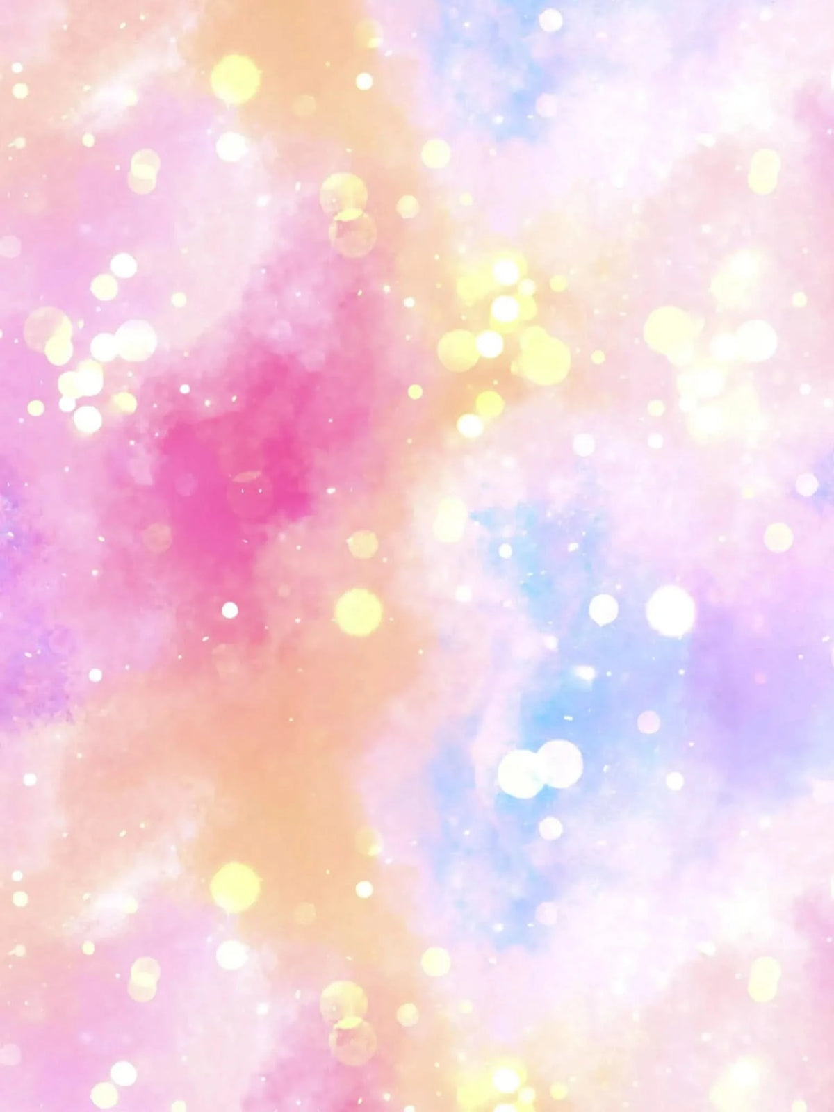 Cotton Candy Sparkle Print Fabric with pink, orange, and blue watercolor swirls and sparkles.