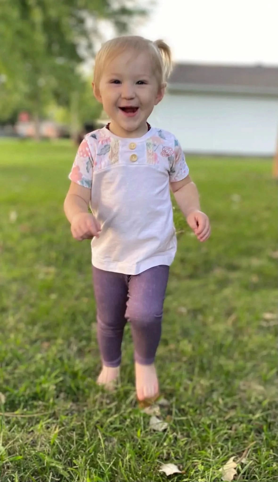 Cream heather fabric with blush floral coordinate print, shown on a toddler's outfit.