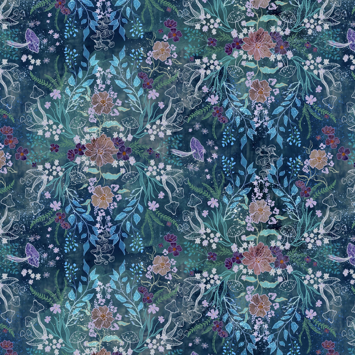 Modeled blue background with mirror images of flowers, leaves and mushrooms. This print is in shades of blue with some peach and purple flowers and mushrooms. This fabric evokes a whimsical and enchanted feeling.