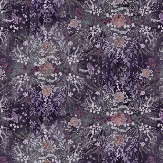 A modeled black background with mirror images of flowers, mushrooms and leaves in muted shades of purple, peach and green on top.