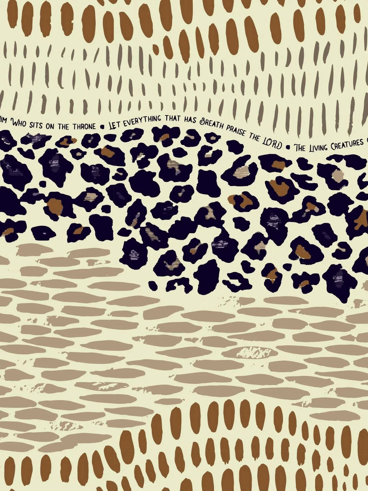 Fabric with brown leopard print pattern and "Everything that has breath" faith text.