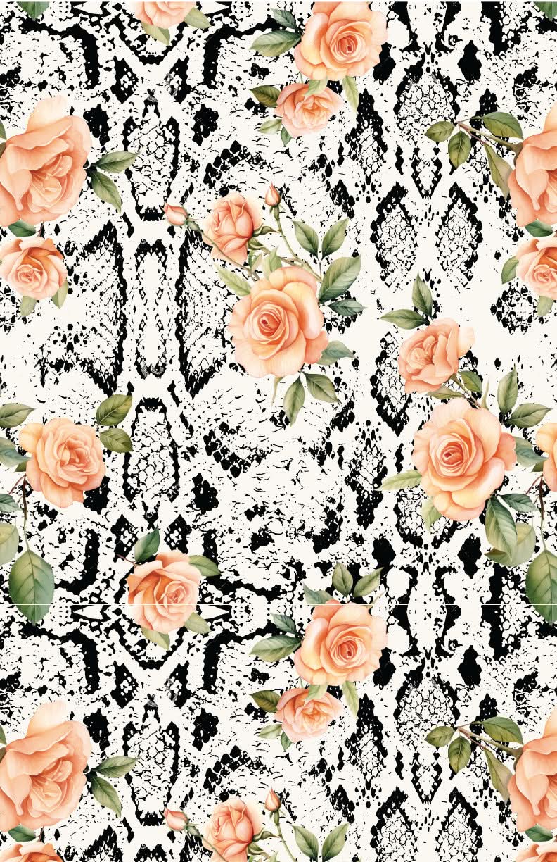 Floral snake print fabric with peach roses.