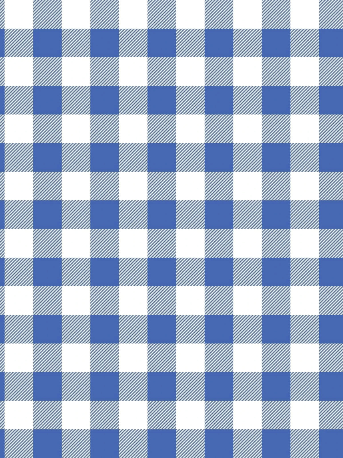 Blue gingham check fabric with white squares, sold by the yard.