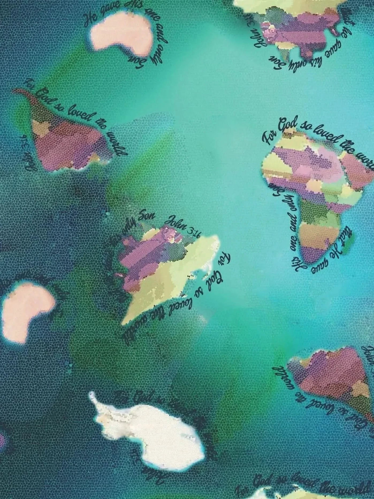 Teal green fabric with a world map design and John 3:16 Bible verse text.