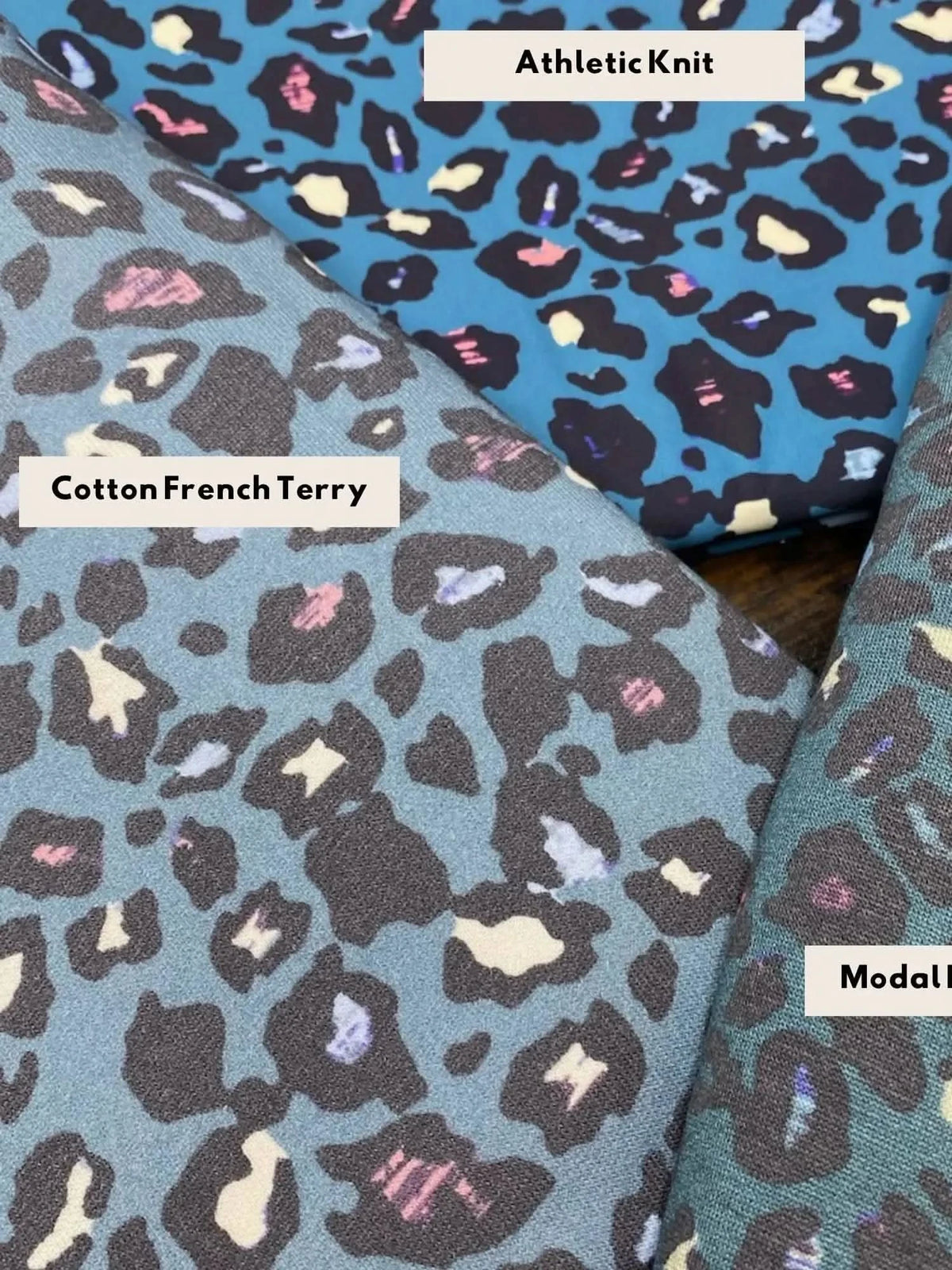 Swatches of Summer Leopard Teal animal print fabric in various types like athletic knit and cotton French terry.