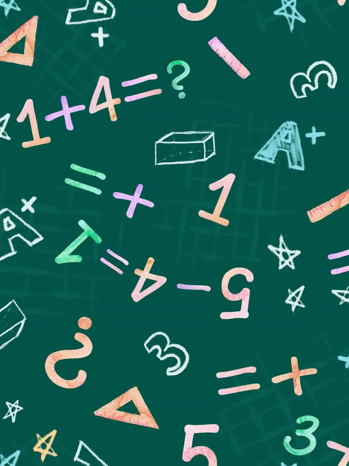 Green fabric print featuring colorful math symbols, numbers, and equations on a chalkboard background.
