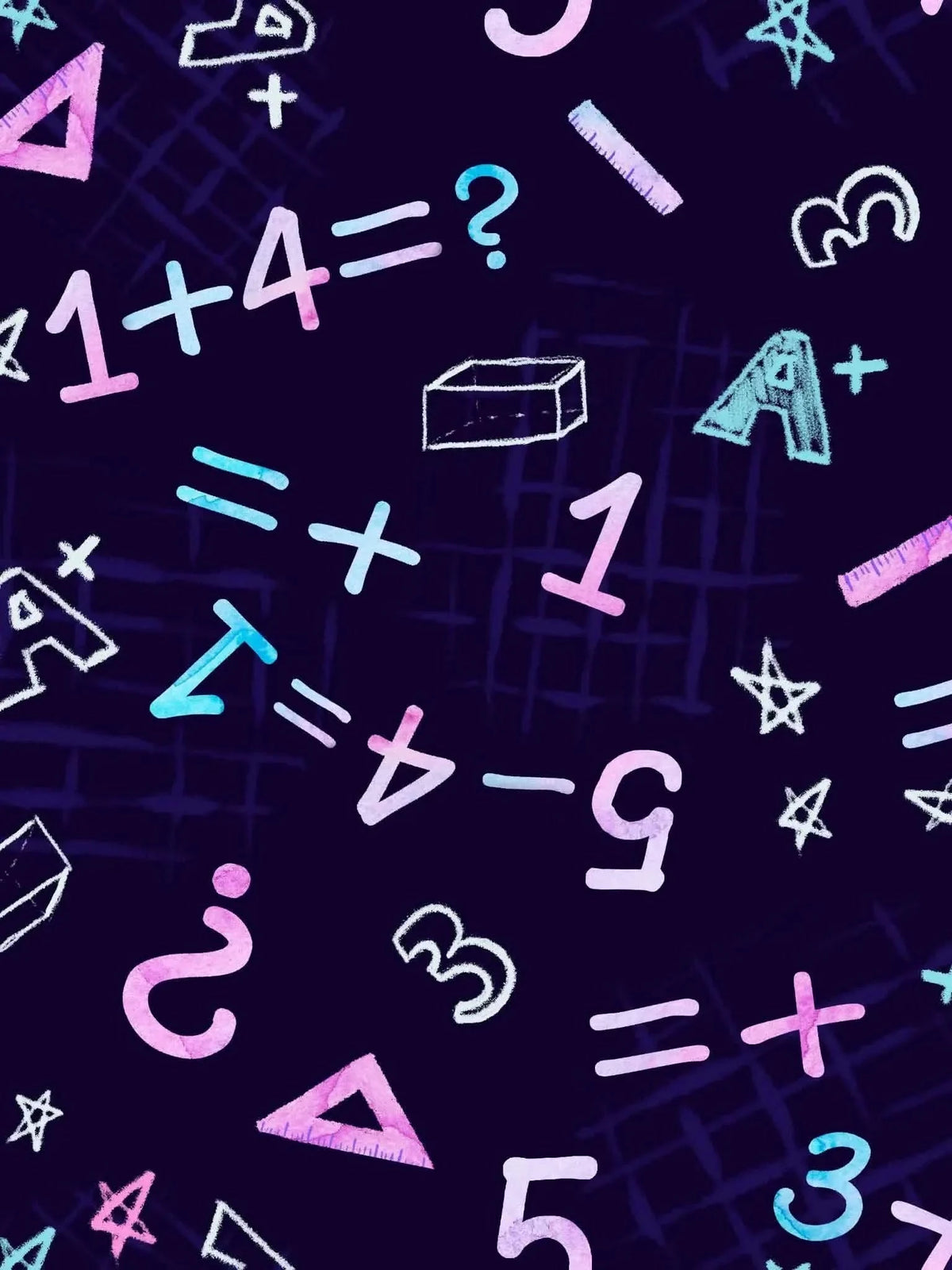Navy fabric with a colorful math pattern of numbers, symbols, and shapes.