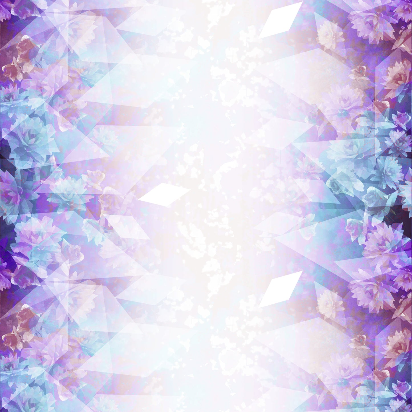 Purple, blue and muted red flowers along the right and left border with diamond shapes scattered across the whole print.