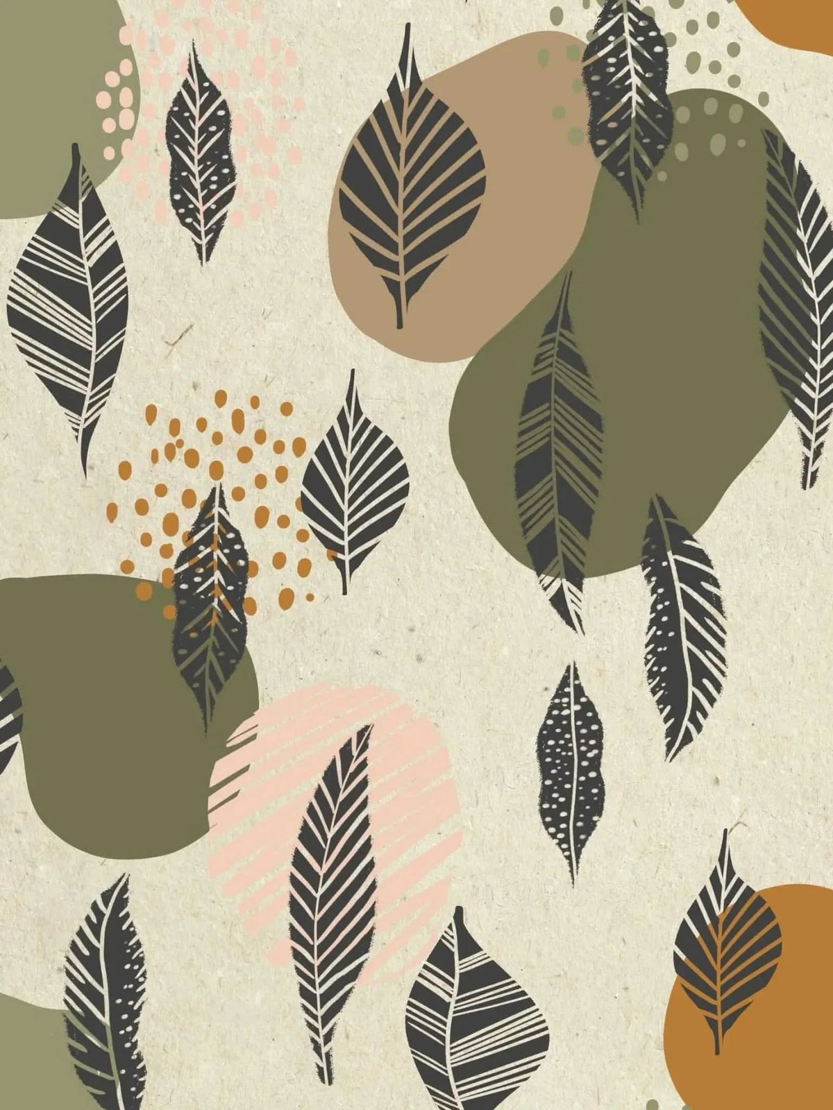 Green leaf pattern print on mod leaves fabric with abstract shapes and dots.