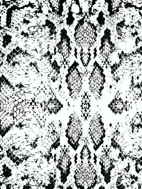 Mono snake print fabric with black scale pattern on white background.