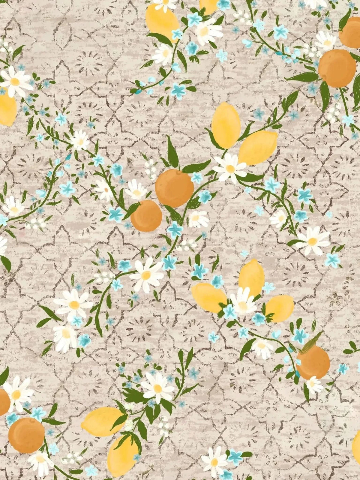 Moroccan citrus fabric with lemons, oranges, and flowers on a patterned background.