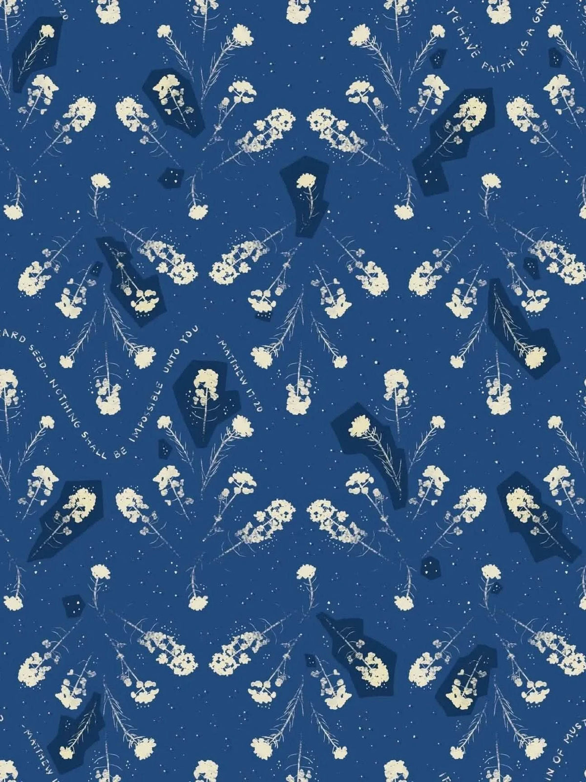 Blue fabric with white mustard seed flowers and faith-based text.