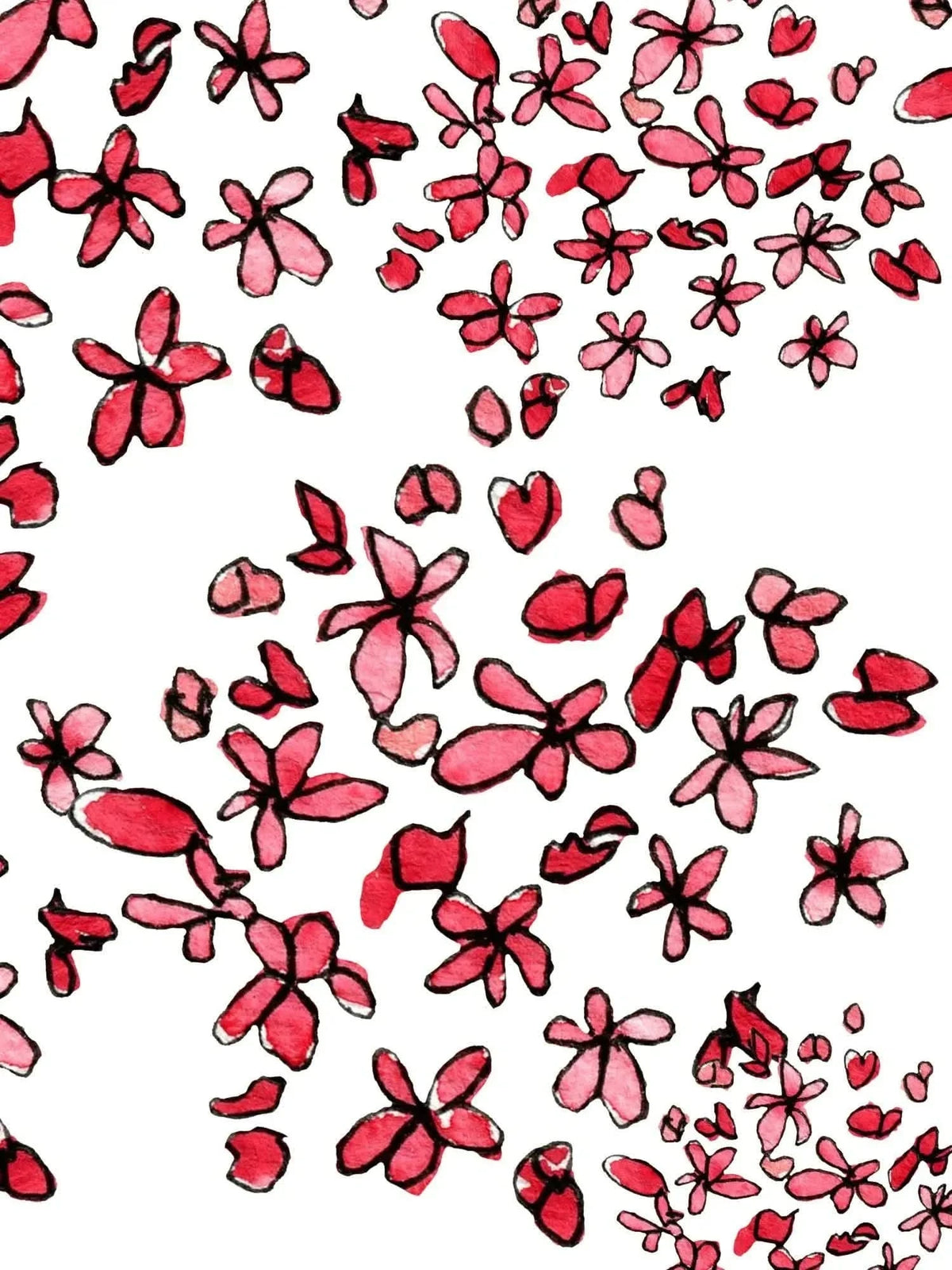 Red floral fabric with small blooms scattered on a white background.