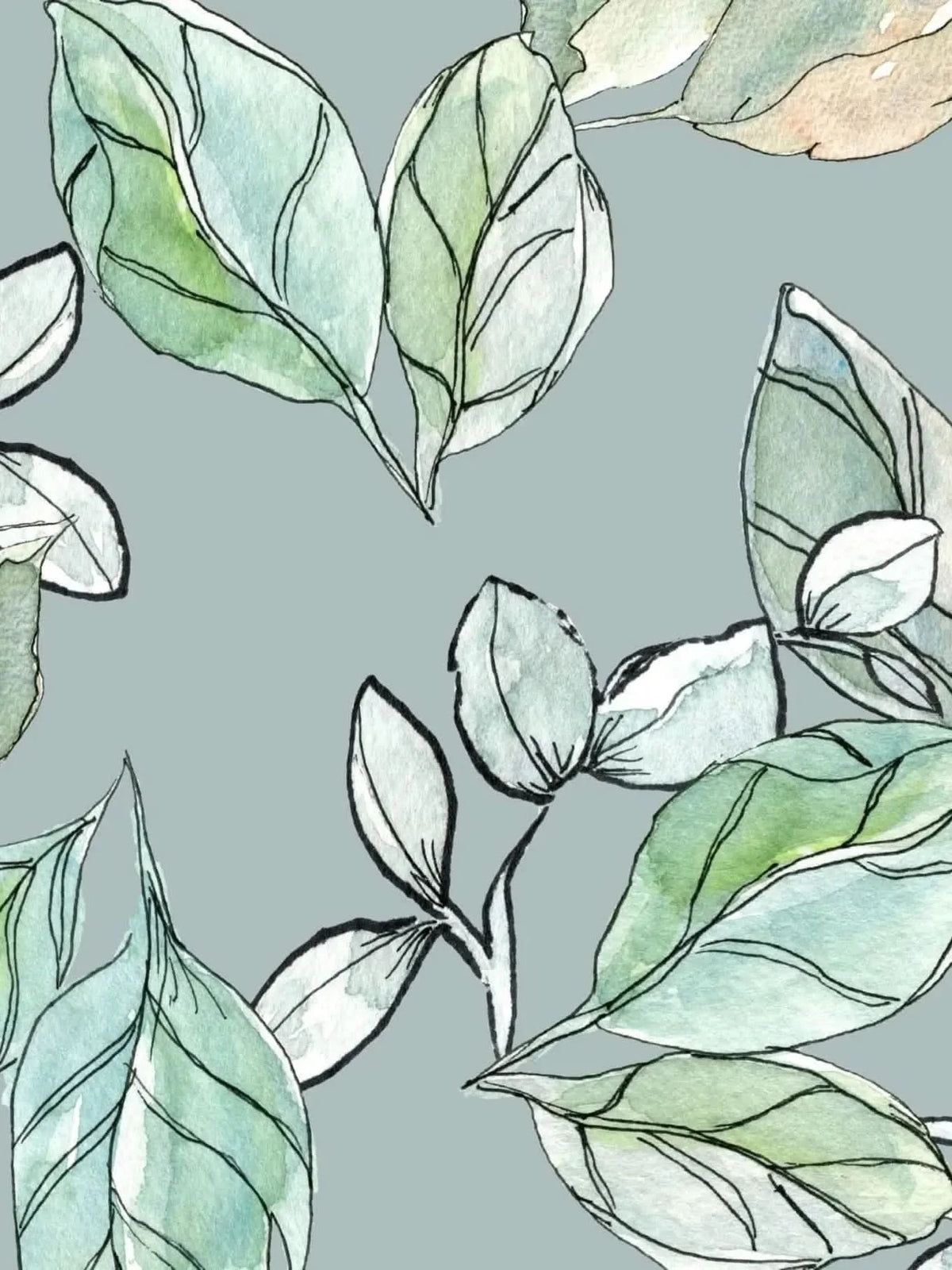 Watercolor-style botanical fabric with green and white leaves on gray background.