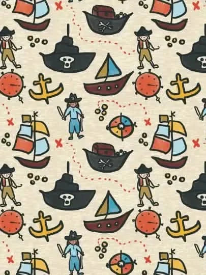 Fabric with pirate ships, anchors, compasses, and adventurers on a light background.