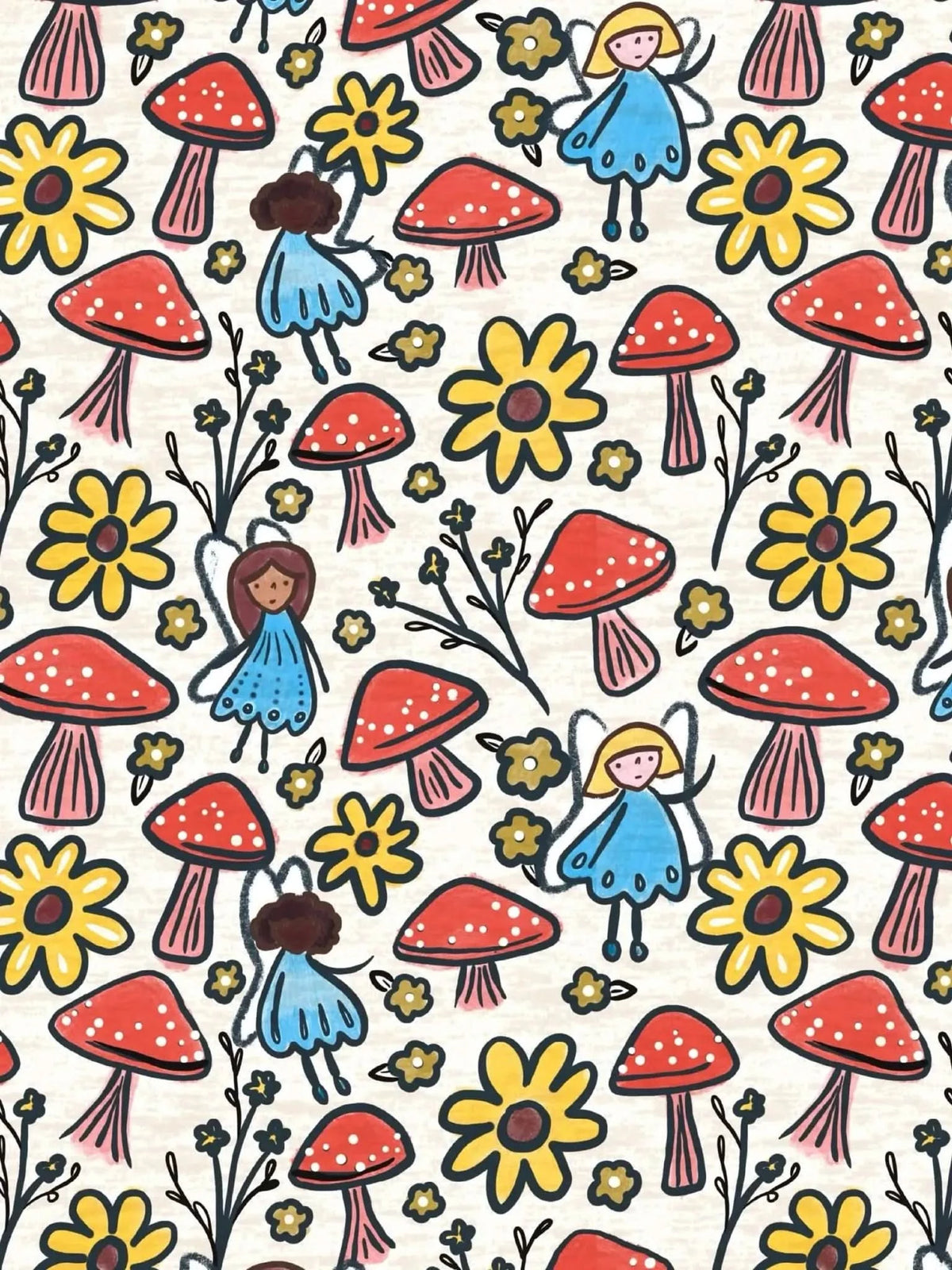 Whimsical fabric print with blue-winged fairies, red mushrooms, and yellow flowers on white.