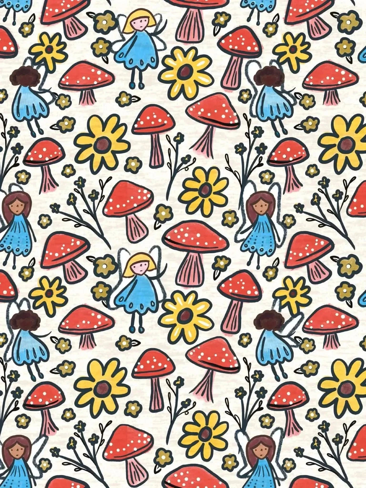 Canvas fabric with a whimsical pattern of blue and brown fairies, red mushrooms, and yellow sunflowers.