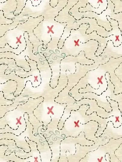 Beige fabric with pirate map print featuring dashed lines, red X marks, and green swirls.