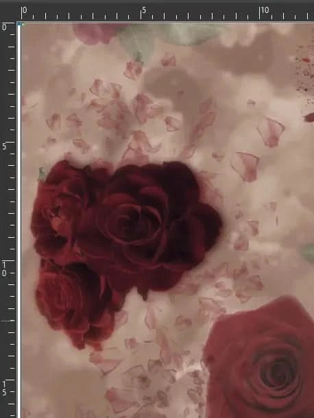 Fabric with a print of dark red roses and scattered petals on a light background.