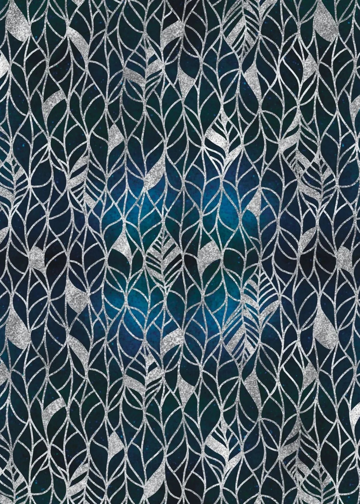 Silver Leaves Fabric with abstract leaf pattern print in shades of silver and blue.