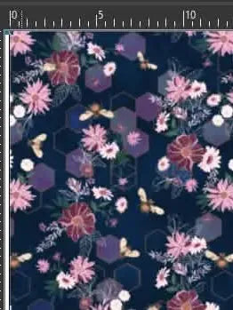 Purple fabric with printed garden bees, hexagons, and pink-purple flowers.