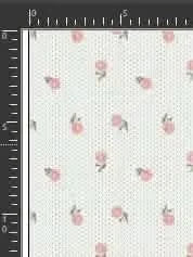 White fabric with scattered pink floral blooms and leaves in a vintage print.