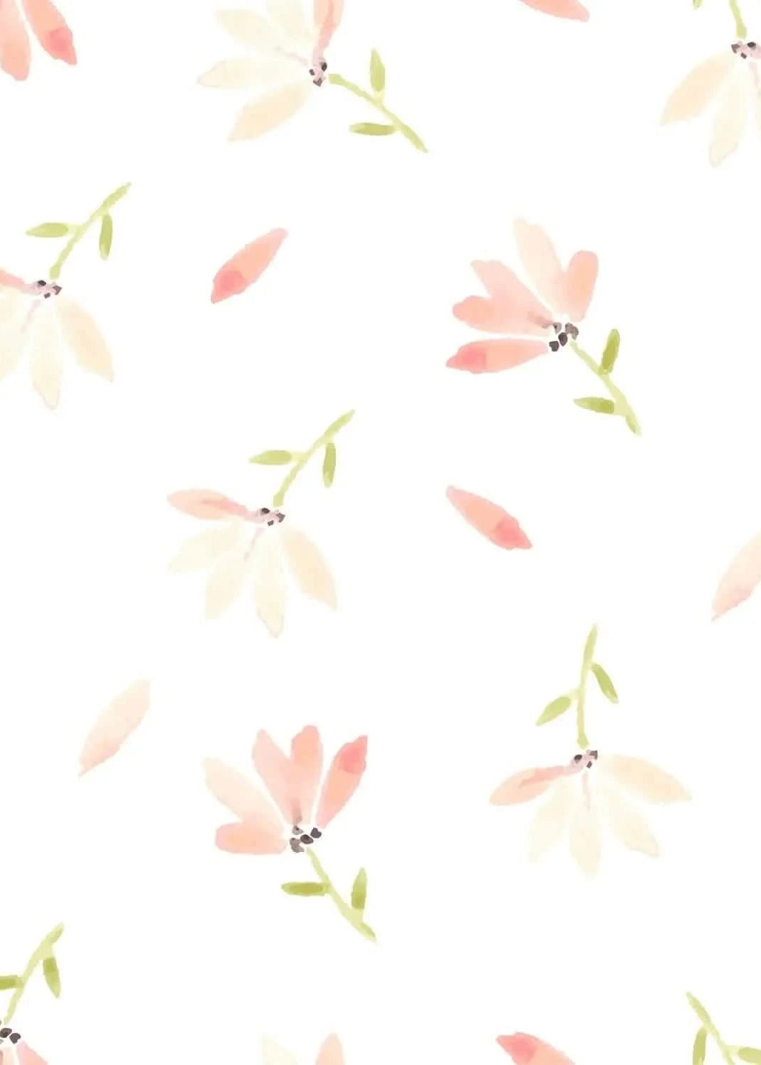 White fabric with scattered pink and cream watercolor-style spring flowers.