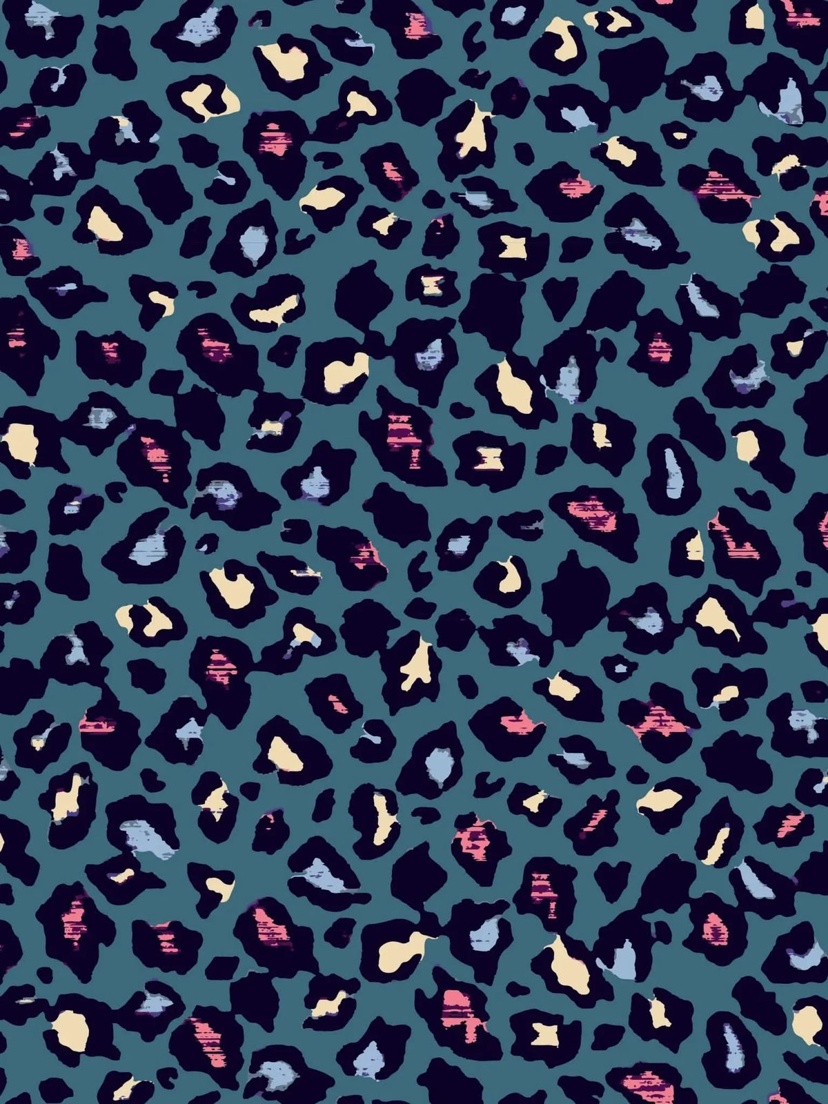 Teal leopard animal print fabric with green and pink accents.