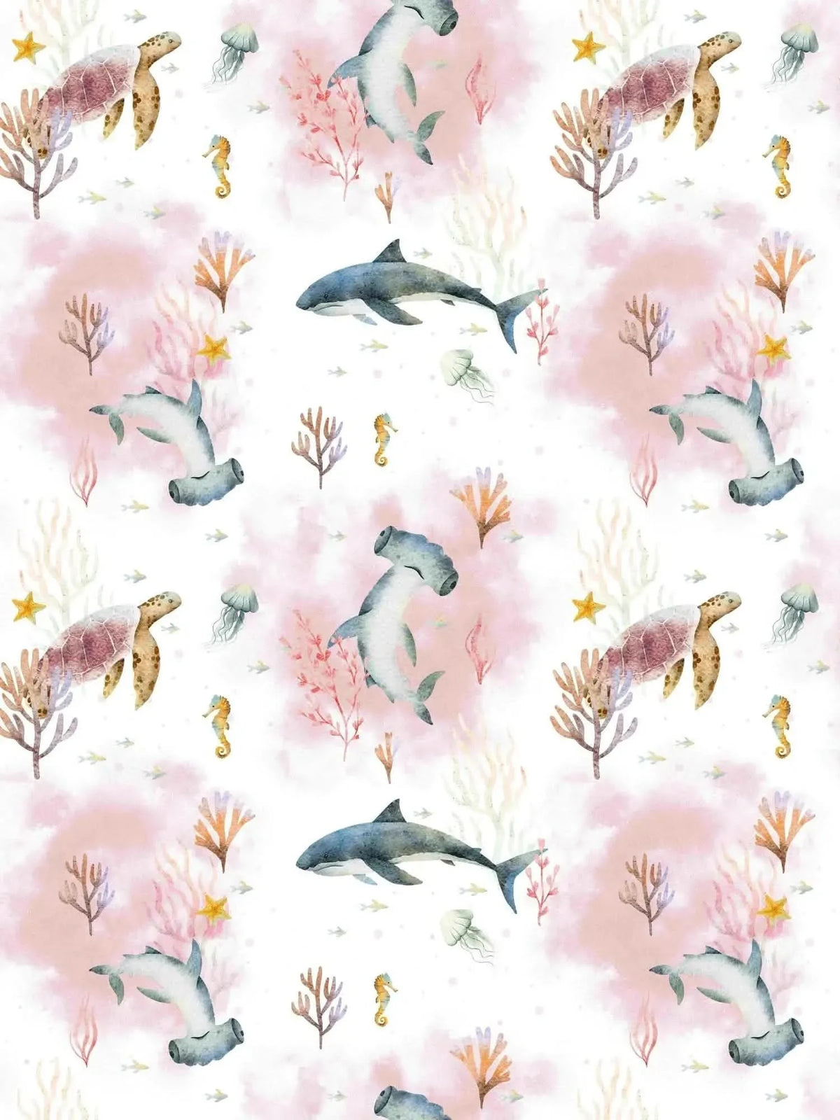 Pink aquatic fabric with watercolor sea turtles, sharks, seahorses, and coral.